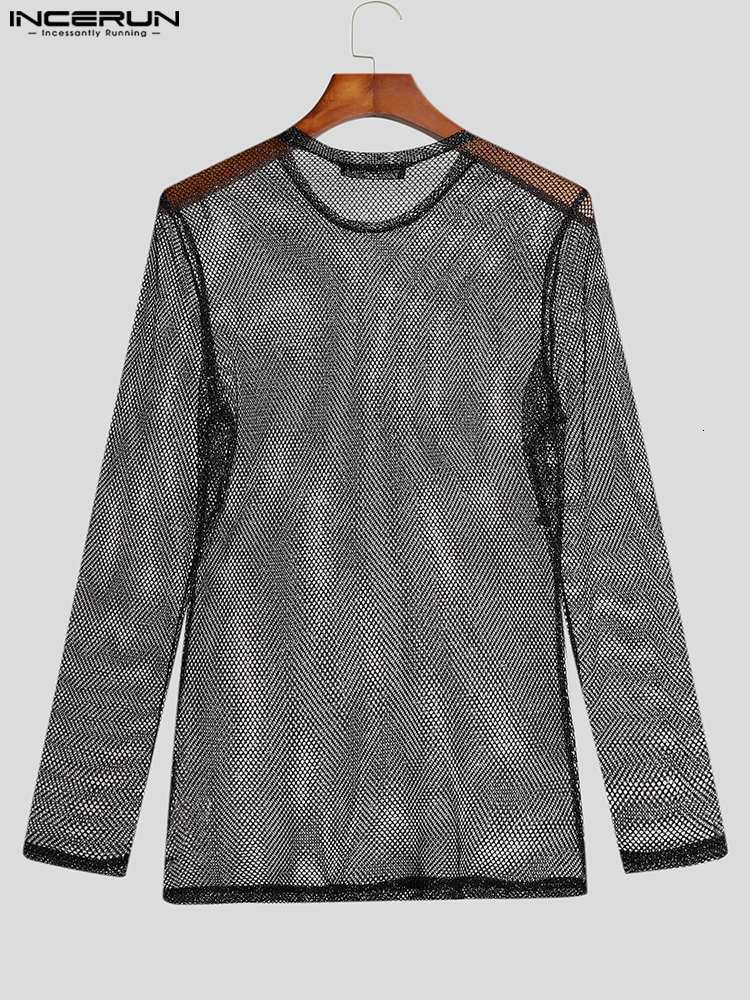Men s T Shirts Party Nightclub Style Tops INCERUN Men Glitter Mesh See through Camiseta Sexy Male All match Long Sleeve Thin T shirts S 5XL 230503