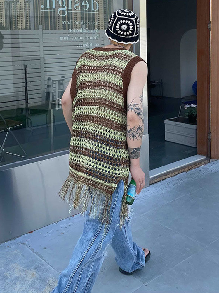 Men's Tank Tops HOUZHOU Striped Mesh Vest for Men Vintage Knit Sleeveless Tee Male Casual Summer Beach Japanese Streetwear Hip Hop 230428Z