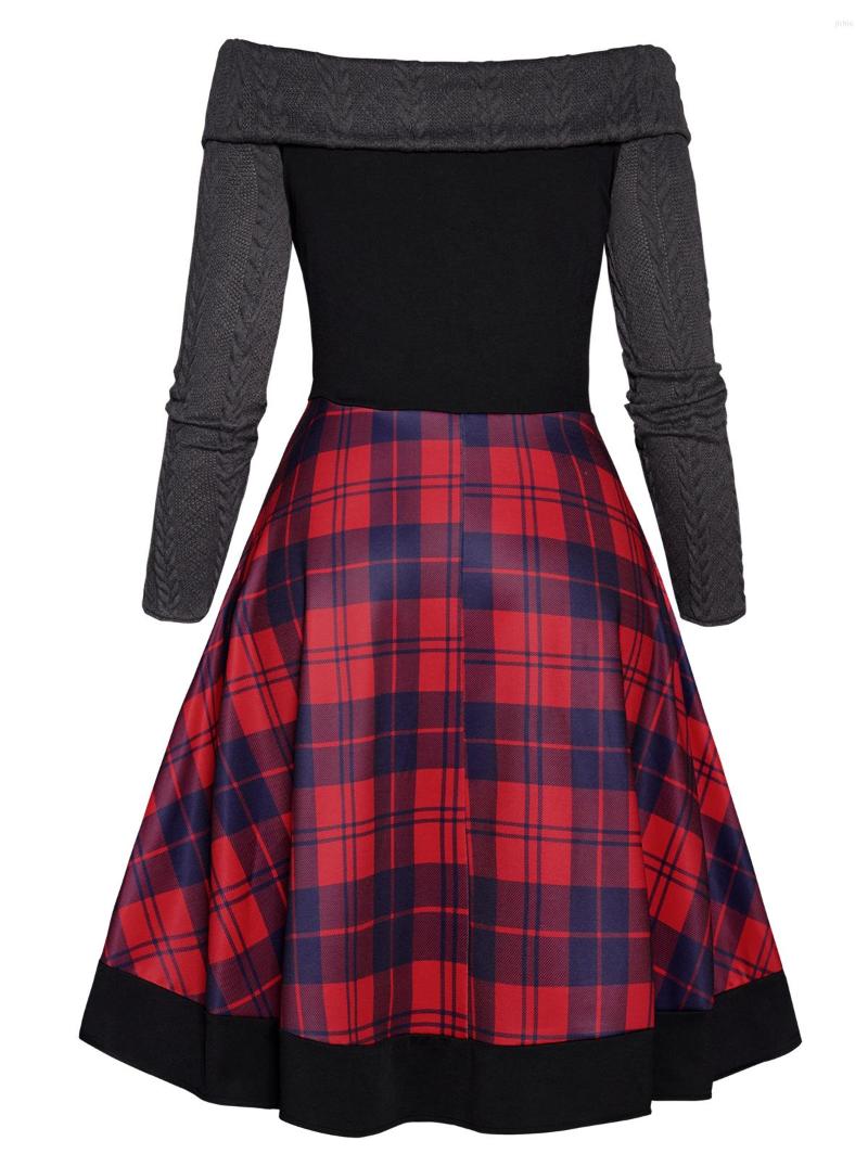 Casual Dresses Oversized 4XL 5XL Off The Shoulder Twisted Textured Knit Panel Lace Up Plaid Print Dress Long Sleeve High Waist Curve Robe