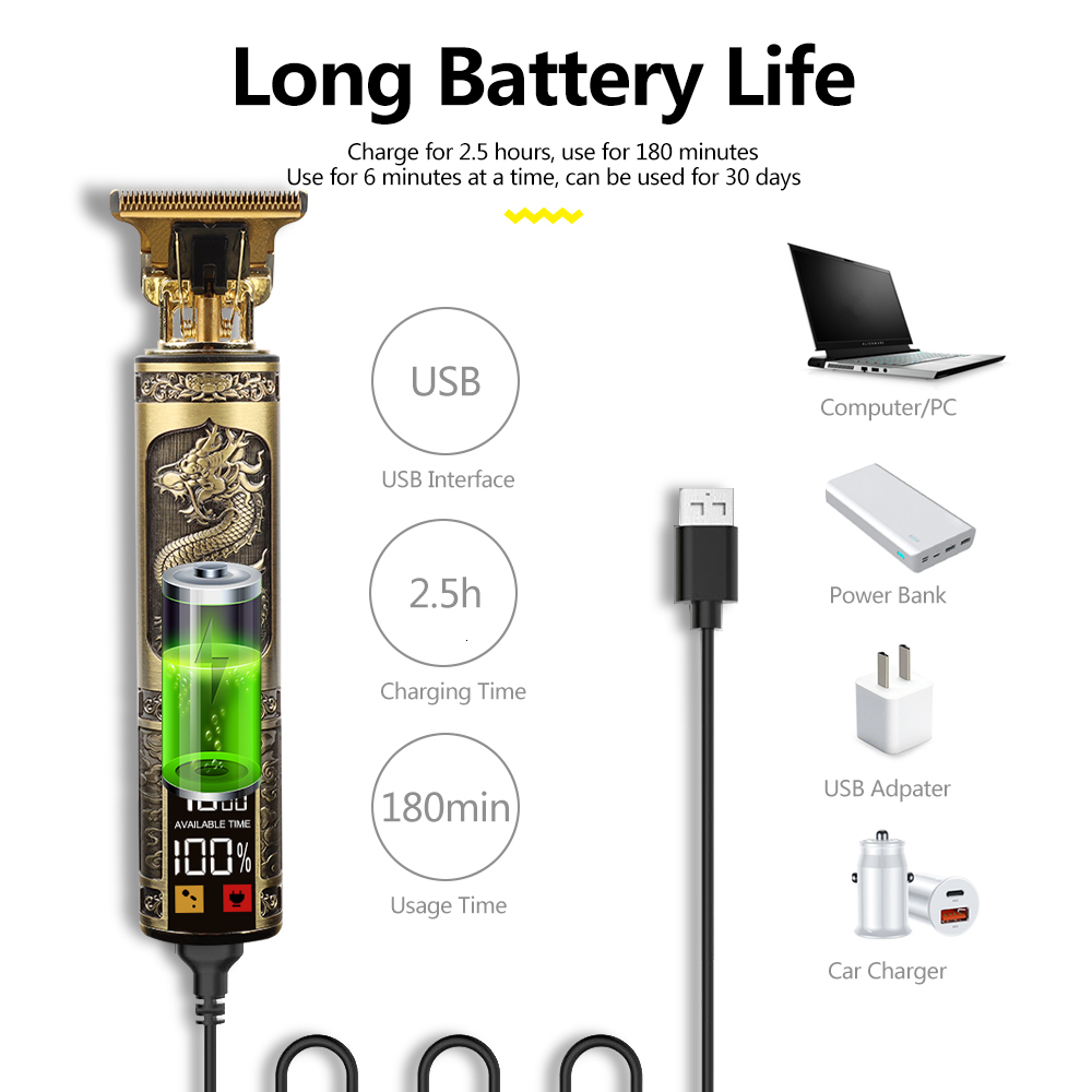 Clippers Trimmers USB Electric LCD Hair Clipper Trimmer All In One Gold Light Head Rechargeable Hair Clipper Oil Head Hair Carving Mark Razor 230428