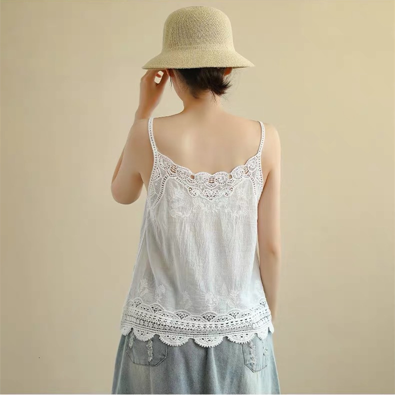Camisoles Tanks Female Summer Sexy Cotton Linen Victorian Edwardian Floral Embroidery Camis Vintage V Neck Loose Waist Eyelet Spaghetti Camisole 23050