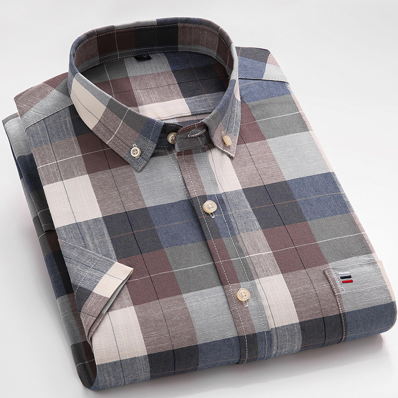 Men's Casual Shirts Summer 100% Cotton Oxford Shirt Mens Short Sleeve Pocket Soft Comfortable Regular Fit Business Casual Purple Dress Shirts Men
