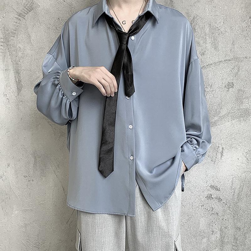 Men's Casual Shirts Black Long-sleeved Shirts Men Korean Comfortable Blouses Casual Loose Single Breasted Shirt With Tie 230503