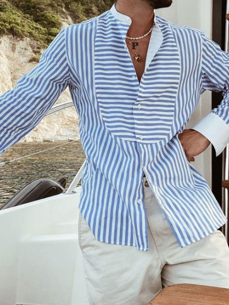 Men's Casual Shirts Men's Hawaiian Patchwork Striped Long Sleeve Shirt Fashion Casual High Quality Vacation Stand Collar Quick Dry Shirt Fal