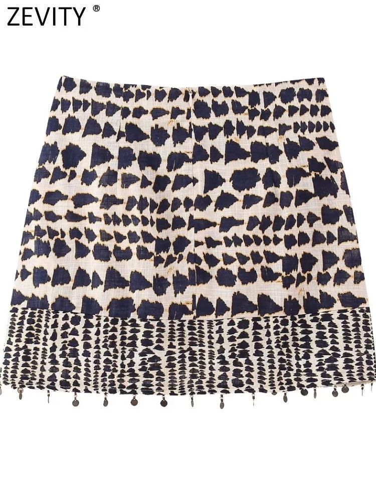 Skirts Zevity Women Vintage Geometric Print Knotted Mini Sarong Skirt Faldas Mujer Female Beading Tassel Casual Zipper Vestidos QUN4078 230503