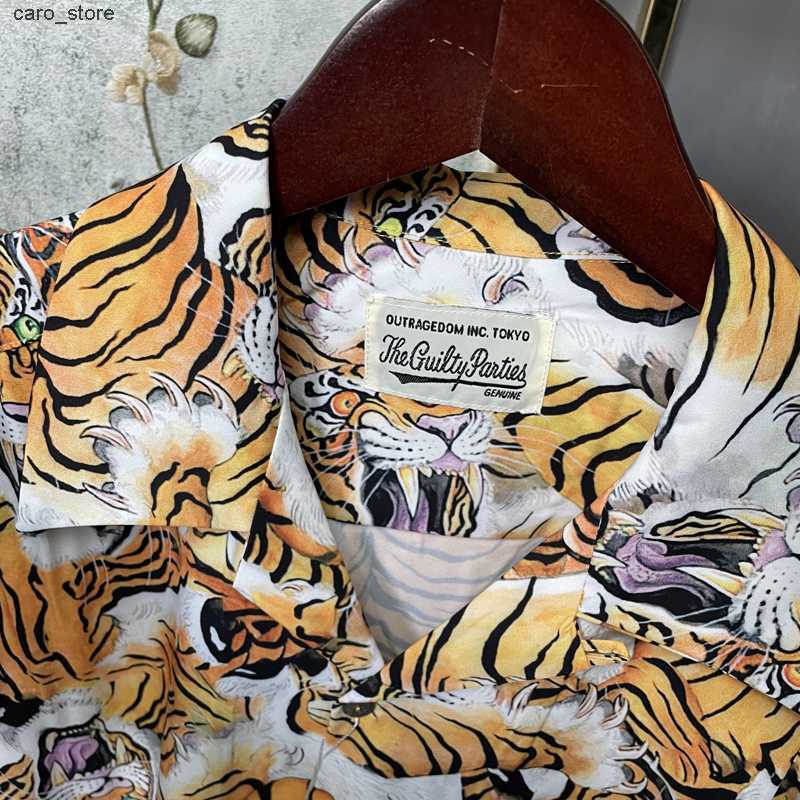 Men's Casual Shirts Real Photos WACKO MARIA Shirts Tiger Full Print Short-sleeved Cardigan Loose Holiday Seaside Hawaiian Shirt for Men Women J23