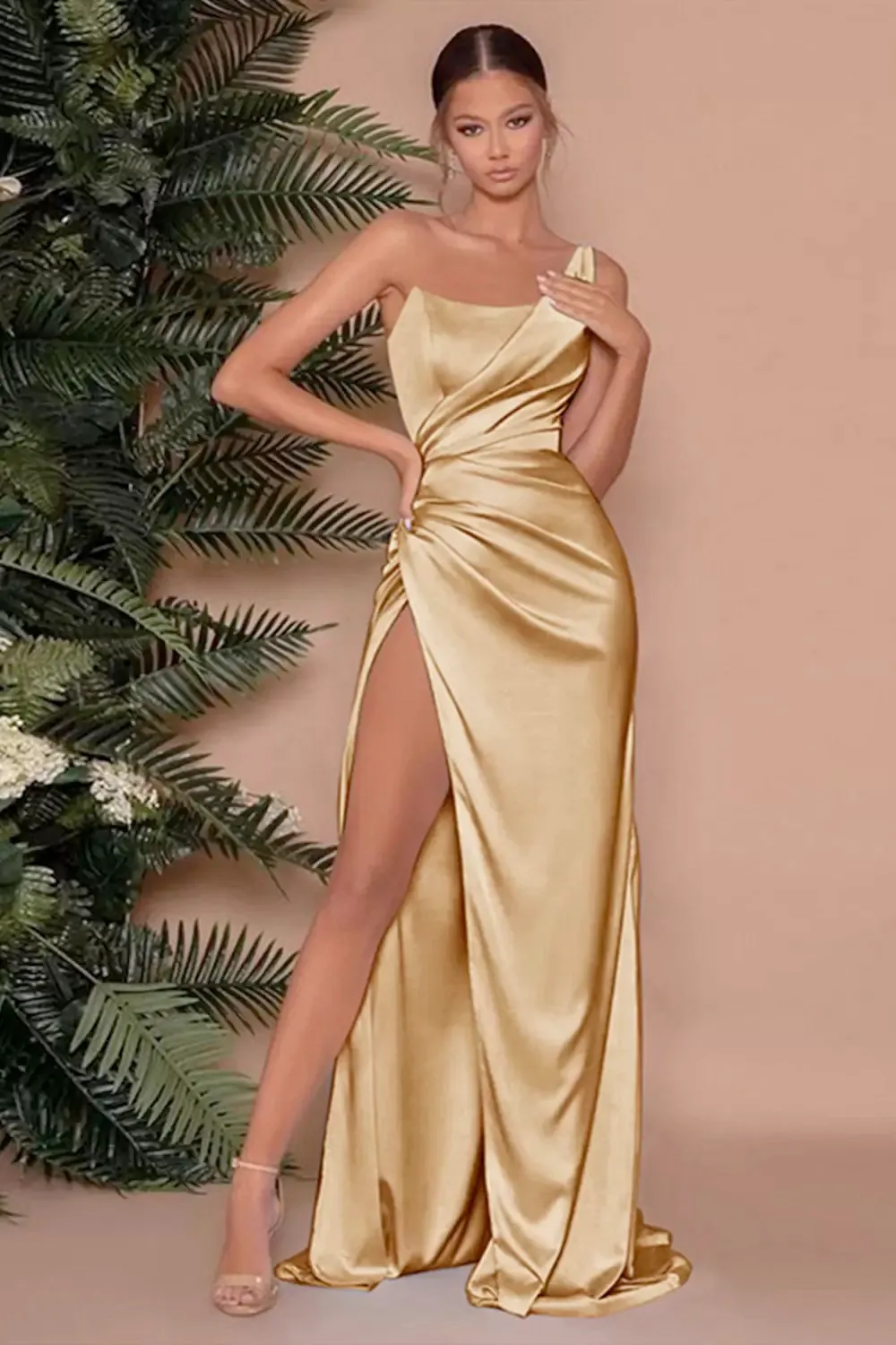 New Straight Bridesmaid Dresses One-Shoulder Floor-Length Sweep Train Satin long Thigh-High Slits Plus Size Custom