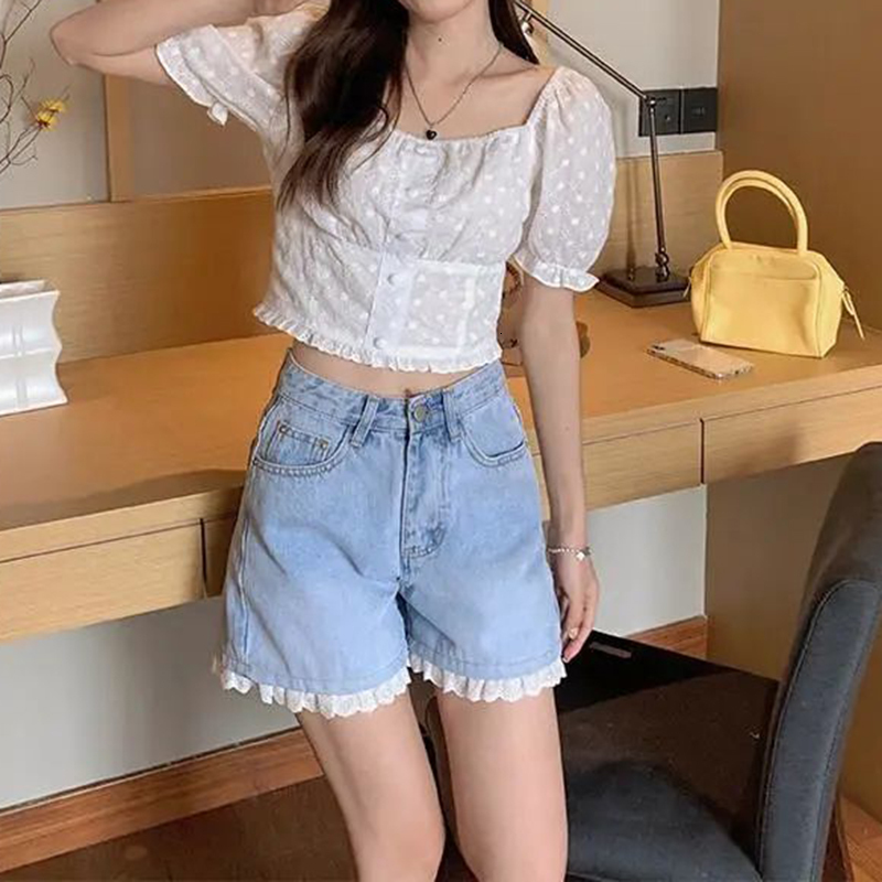 Women's Shorts Women Sweet Shorts Lace Patchwork All-match Denim Daily Korean Style Kawaii Preppy Fashion Simple Cozy High Waist Chic Students 23