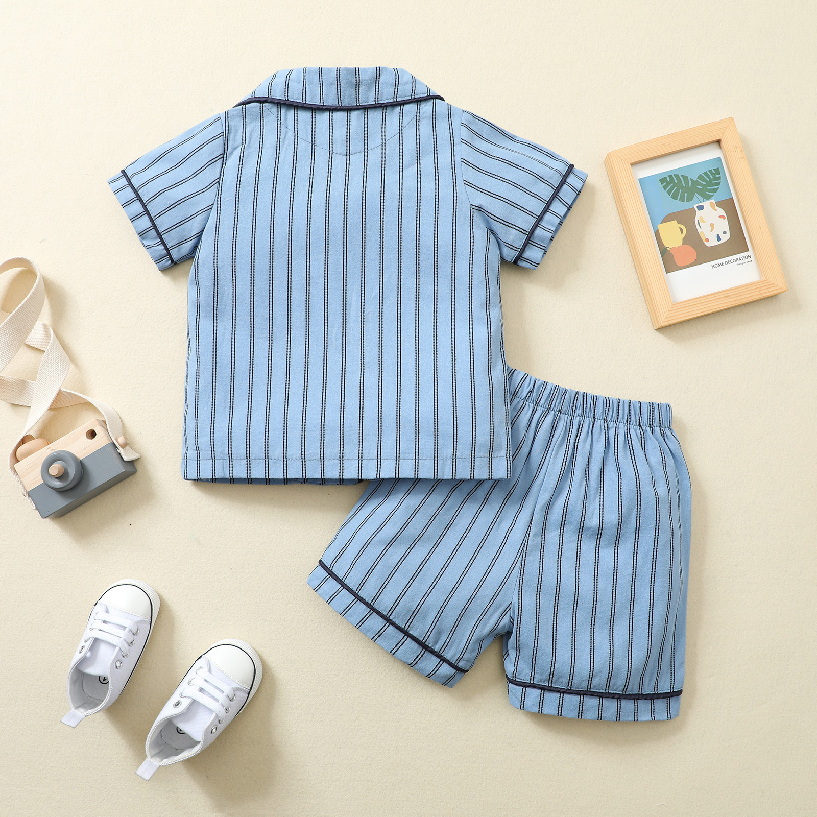 Pajamas Two Piece Striped Print Baby Kids Boys Pajamas Sets Summer Cotton Linen Short Sleeve Button Shirt High Waist Shorts 2pcs Suit 230503