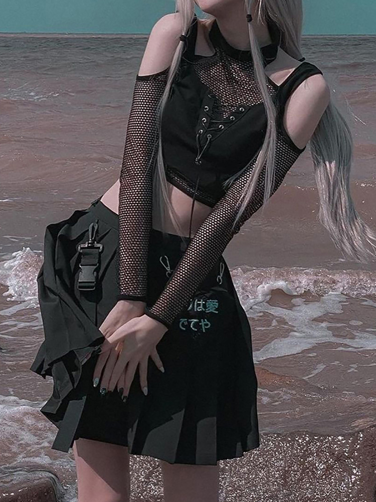 Women's TShirt Goth Dark Fishnet Cut Out Women Sexy Halter Tshirts Mall Gothic Grunge Black Bandage Crop Tops Punk Open Shoulder Alt Clothing 230