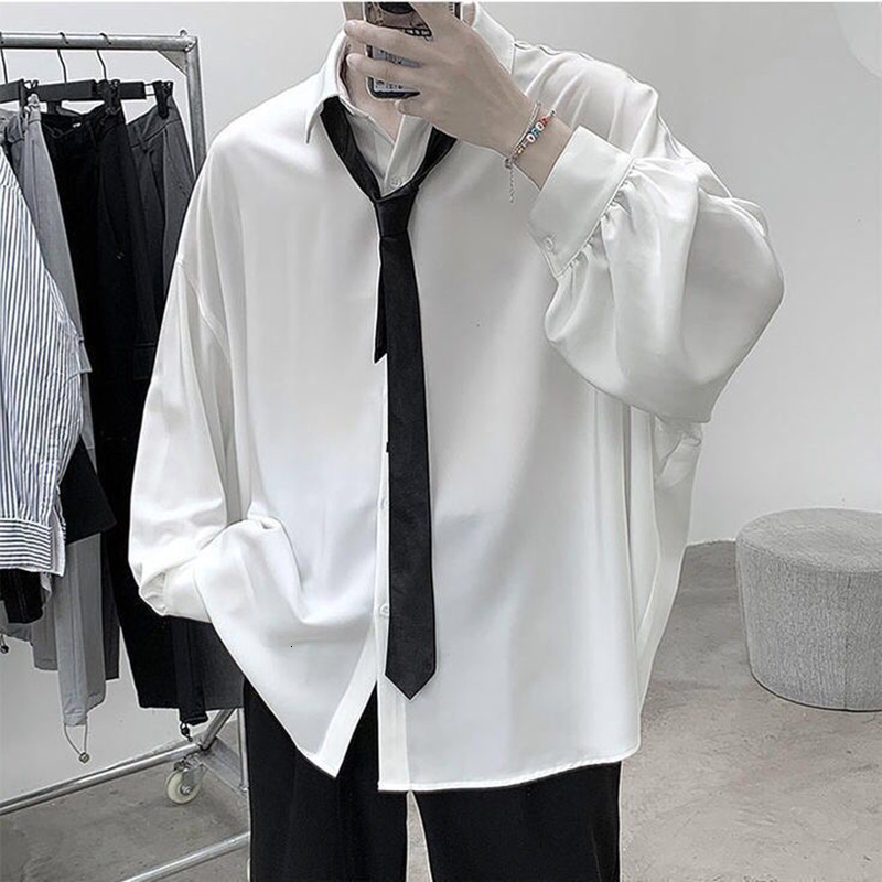 Men's Casual Shirts Black Long-sleeved Shirts Men Korean Comfortable Blouses Casual Loose Single Breasted Shirt With Tie 230503