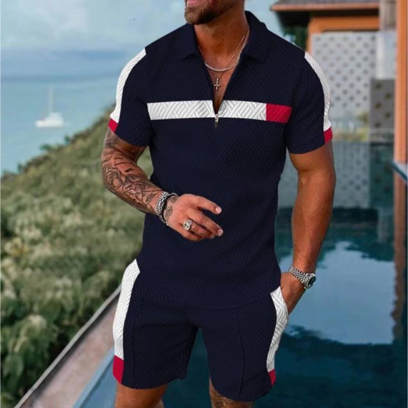 Men s Tracksuits Summer Fashion Sportswear Suit Printed Polo Shirt Slim T Shirt Jogging Zipper Two Piece Set 230503