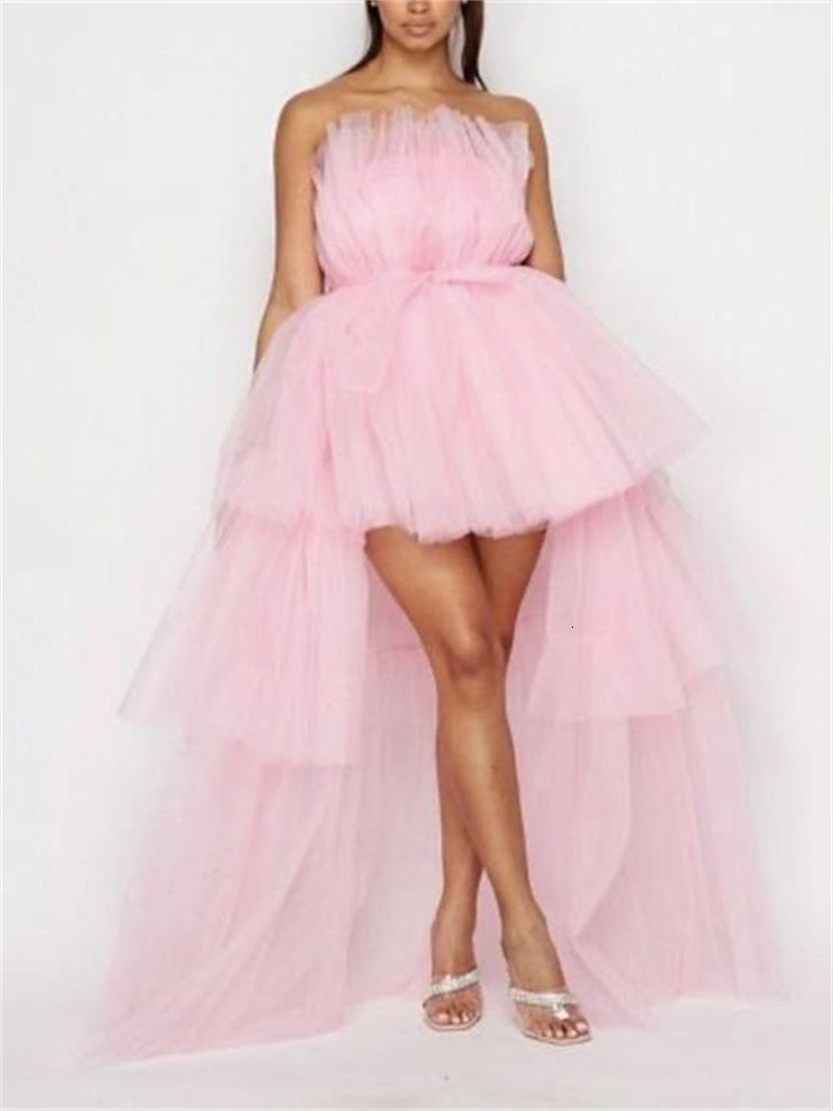 Casual Dresses Strapless Off Shoulder High Waist Asymmetrical Hem Tulle Dresses Mesh Sheer Elegant Women Formal Ball Gown Dress 230503