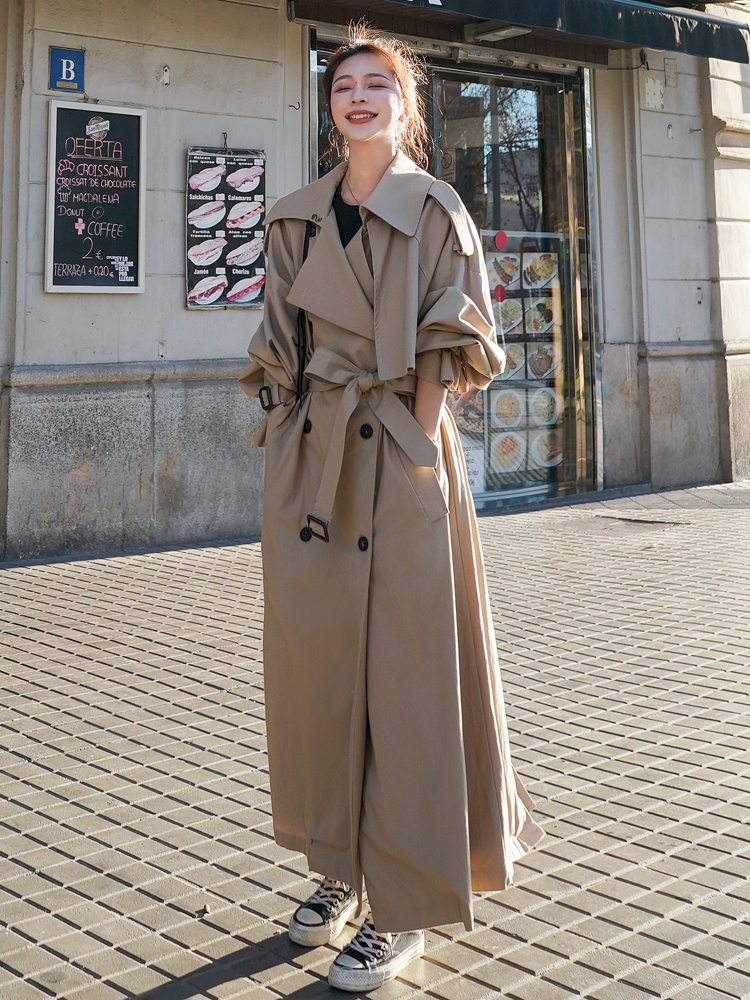 Women s Trench Coats Korean Style Loose Oversized X Long Coat Double Breasted Belted Lady Cloak Windbreaker Spring Fall Outerwear Grey 230503