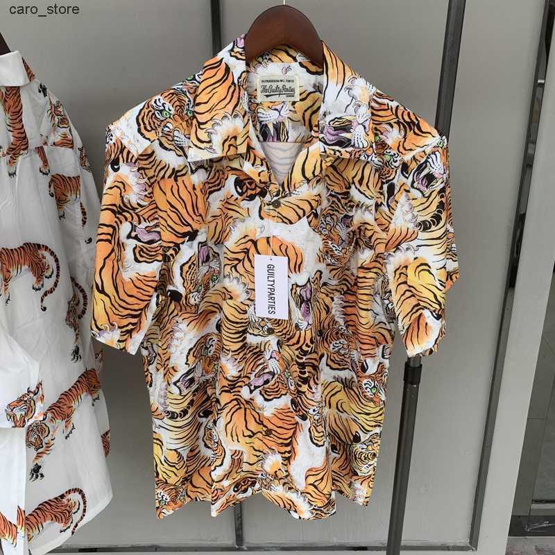 Men's Casual Shirts Real Photos WACKO MARIA Shirts Tiger Full Print Short-sleeved Cardigan Loose Holiday Seaside Hawaiian Shirt for Men Women J23