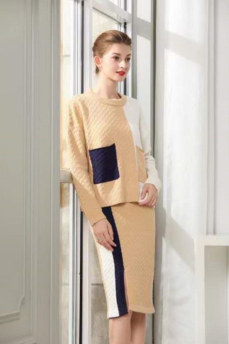 Two Piece Dress High Quality Sweater Suits Autumn Winter Knitted Set Women Color Block Knitting Pullover TopsKnee-Length Warm Skirt Sets 230503