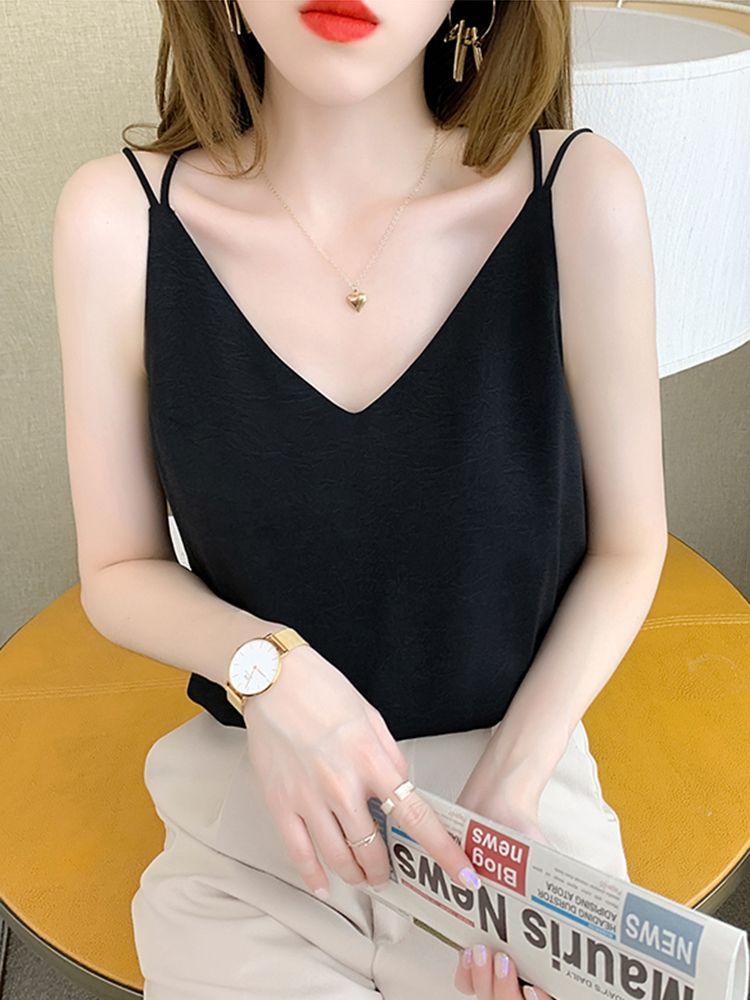 Camisoles Tanks Sexy V Neck Halter Strap Women Camis Silk Cross Backless Top Solid Crop Satin Tank Tops Female Underwear Vest Camisole 230503