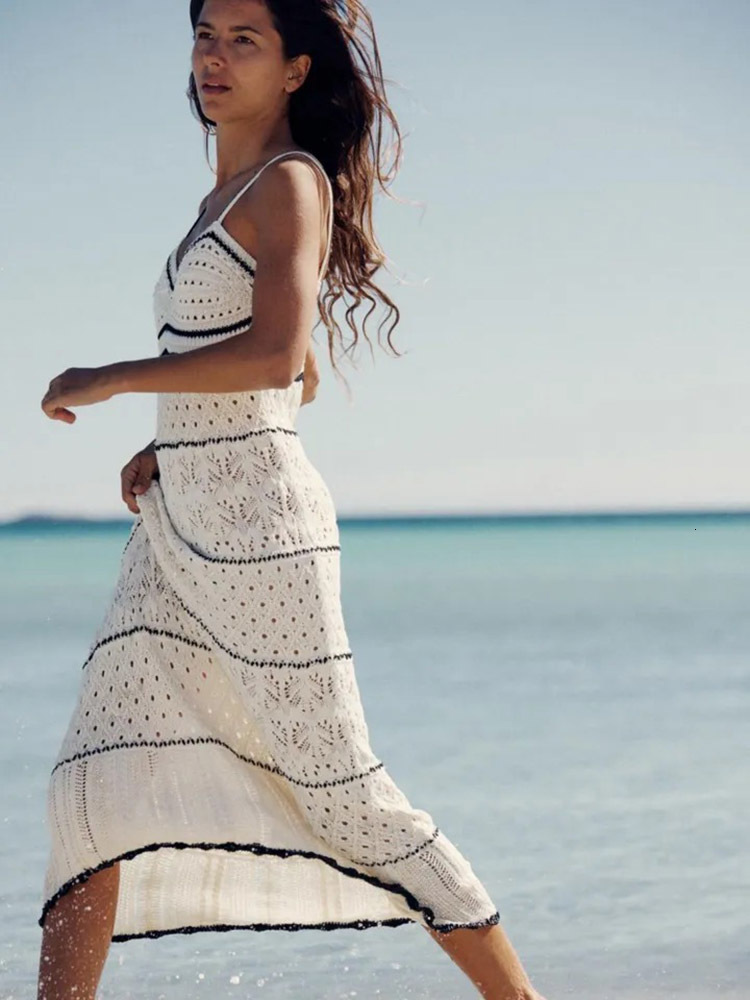 Casual Dresses Summer Dress Womens Beach Style Knitted Slim Fit Strap Long Color Hollow Elegant Tight Vestidos 230504