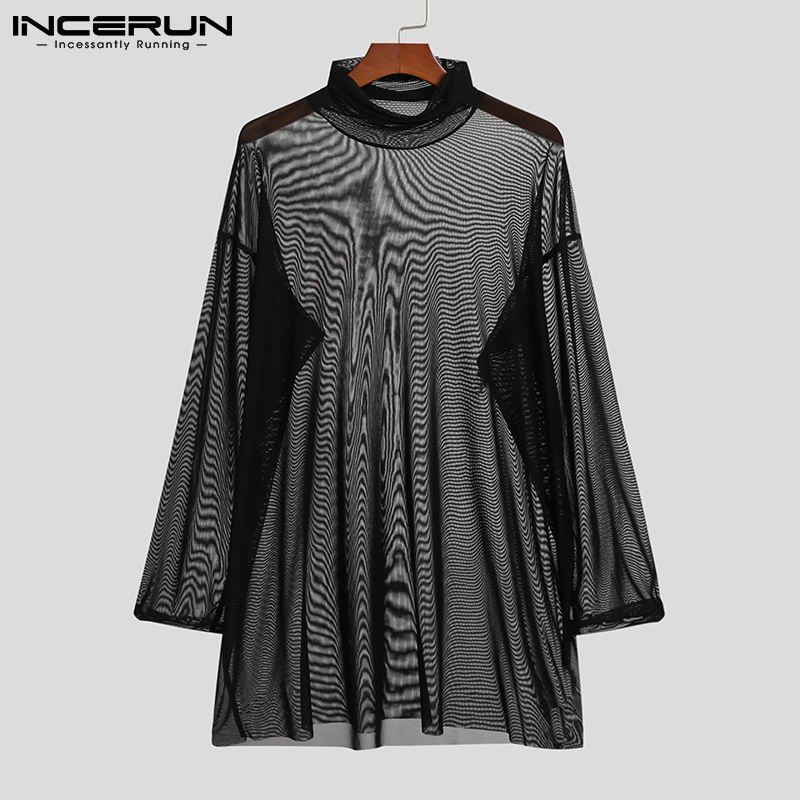 Men's T-Shirts Men T Shirt Mesh See Through Turtleneck Long Sleeve Sexy Tee Tops Underwear Streetwear Party Nightclub Camisetas INCERUN 230503