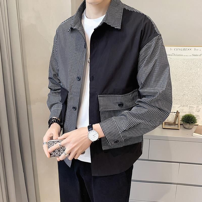 Men's Casual Shirts Fashion Button Spliced Pockets Asymmetrical Striped Shirt Men's Clothing Autumn Oversized Casual Tops All-match Shirts 2