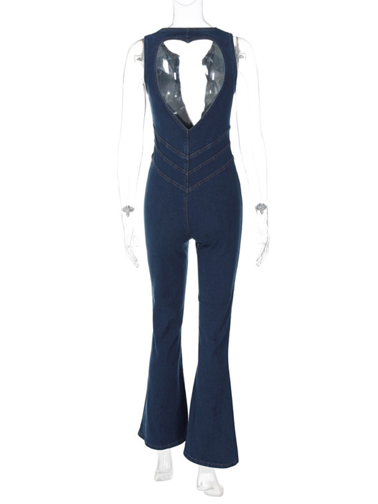 Women's Jumpsuits Rompers Blue Backless Heart Cutout Bodycon Jumpsuit For Women Summer Sleeveless Slim Outfits Retro Denim Jumpsuits 230503