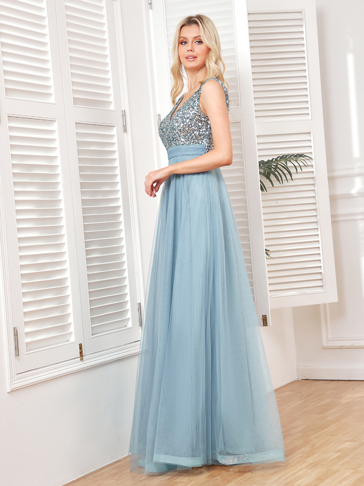 Party Dresses XUIBOL Elegant V-Neck Long Sequin Blue Evening Dress Women Mermaid Formal Dress Sleeveless Wedding Party Maxi Prom Dress 230504