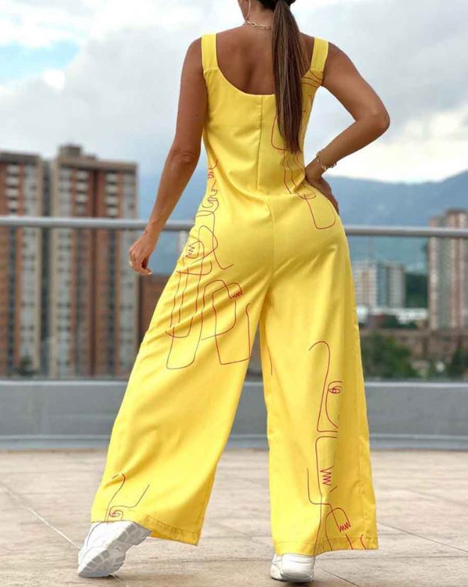 Women's Jumpsuits Rompers Women Jumpsuit Spring Fashion Figure Print Thick Strap Casual U-Neck Sleeveless Wide Leg Daily Long Jumpsuit Y2K Street