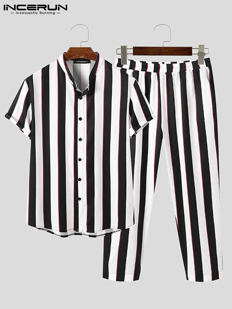 Men's Casual Shirts Fashion Men Striped Sets Streetwear Lapel Short Sleeve Shirt Long Pants Two Pieces Sets 2023 Men Casual Suits S5XL 7 J230503