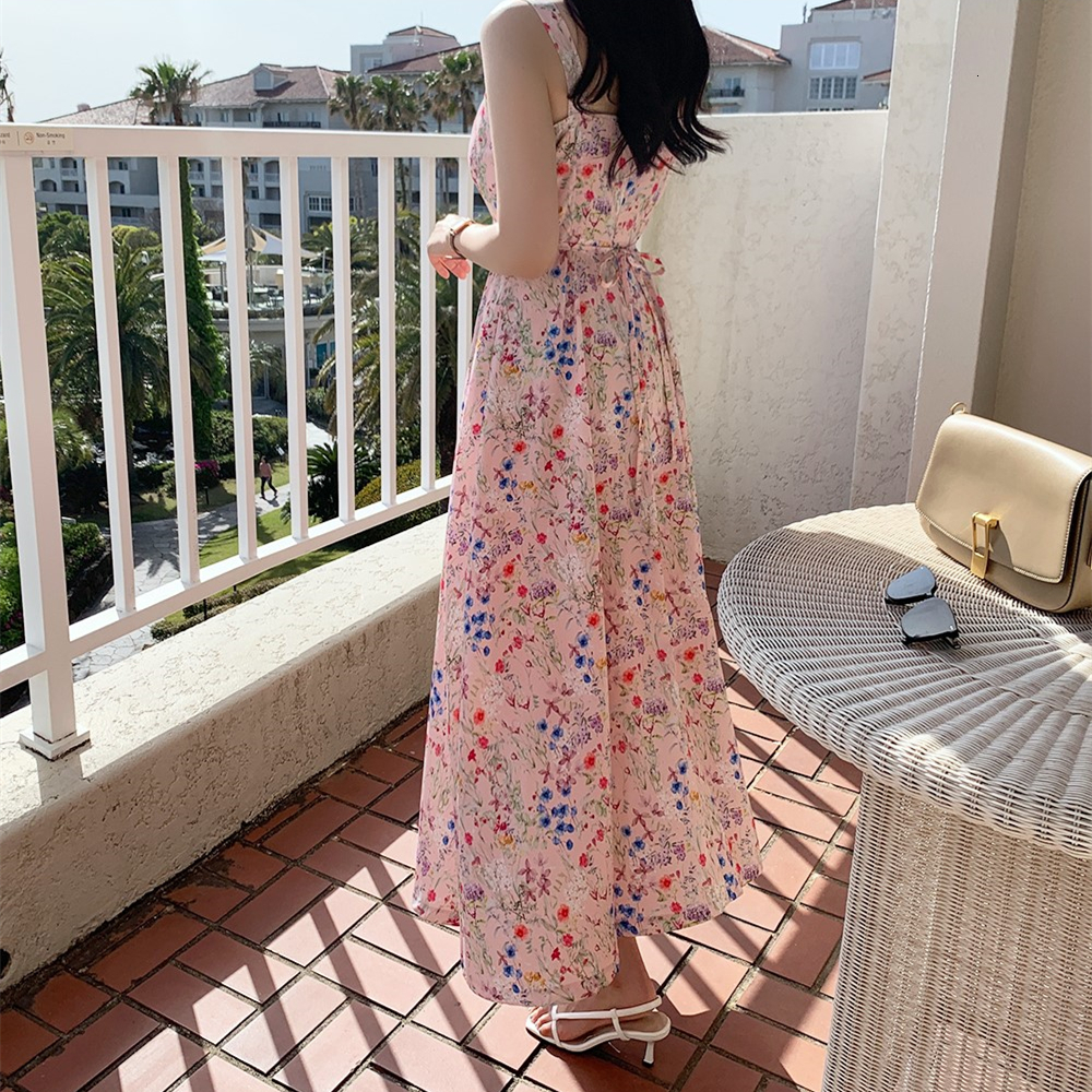 Casual Dresses Sweet Romantic Print Chiffon Womens Light Summer Daily Korean Pink Long Elegant Beach White 230504