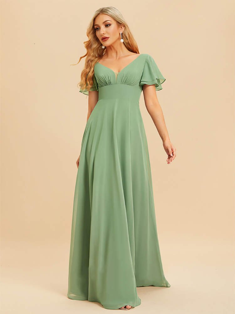 Party Dresses XUIBOL Eegant Evening Dresses Long A-LINE Short Sleeve V-neck Floor-Length Chiffon Simple Bridesmaid Women Dress Prom 230504
