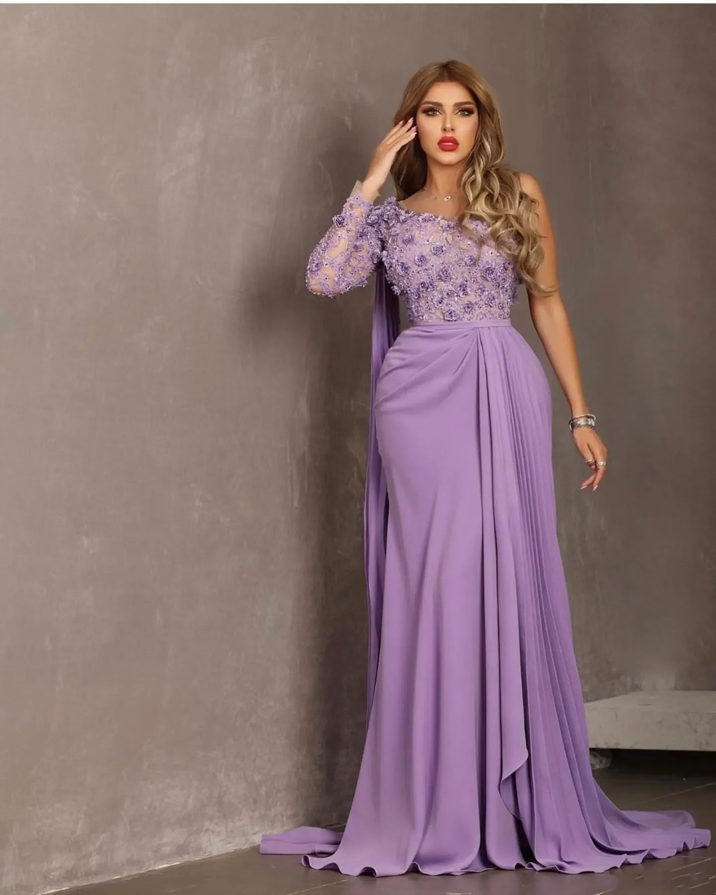 Aso Lavender Ebi Arabic Sexy Evening Lace Beaded Prom Dresses Sheath Formal Party Bridesmaid Second Reception Gown Dress