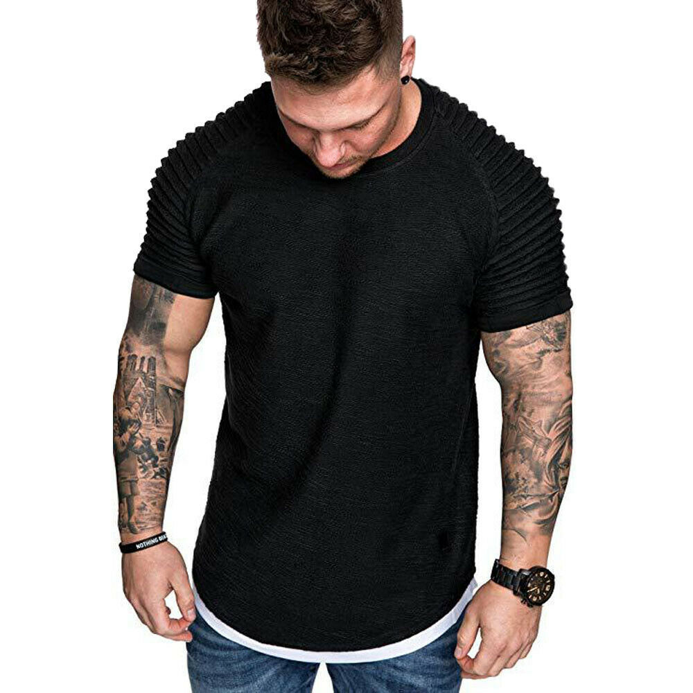 Men's T-Shirts Casual Men's T-Shirts Pleated Wrinkled Slim Fit O Neck Short Sleeve Muscle Solid Casual Tops Shirts Summer Basic Tee 230503