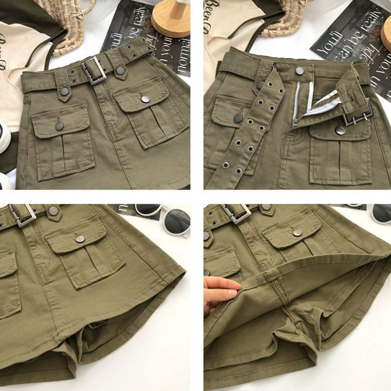 Skirts Lucyever Korean Style High Waist Mini Skirt Women Fashion with Belt Short Culotte Skirts Y2K Streetwear Big Pocket Cargo Skirts 230503