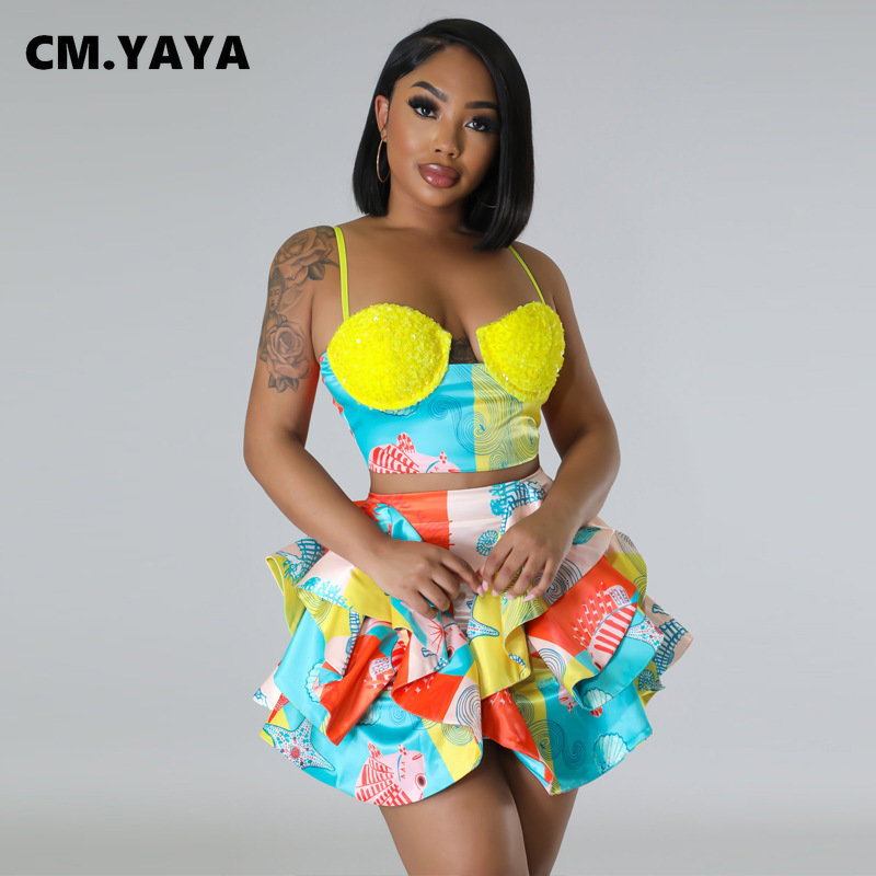 Women s Two Piece Pants CM YAYA Set Sequined Crop Top and Starfish Cascading Ruffles Skirt Shorts 2023 Beach Outfit 2 Tracksuit 230522