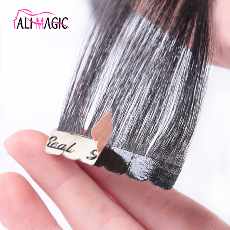 ALI MAGIC Mini Tape In Hair Extensions Human Hair Remy Natural Soft Skin Weft Adhesive Hair 12''-28'' Straight Seamless Tape Ins 1