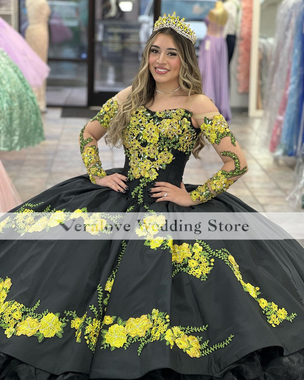 2023 Black Ball Gown Sweet 16 Quinceanera Dresses Off Shoulder Ruffle Crystal Embroidery Lace Mexican Vestidos De 15 Party Wear