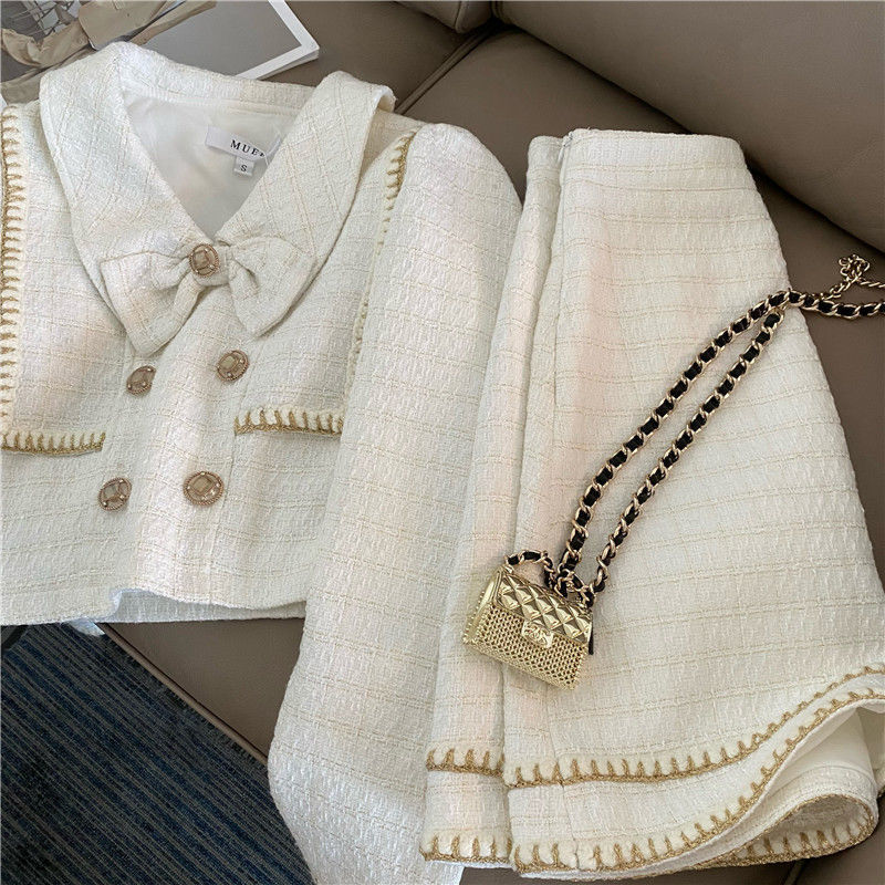Two Piece Dress Short Lapel Double-breasted Tweed Jacket Bow Wool Coat Mini Plaid Skirt Sets Autumn Korea Temperament White Outfits 230504