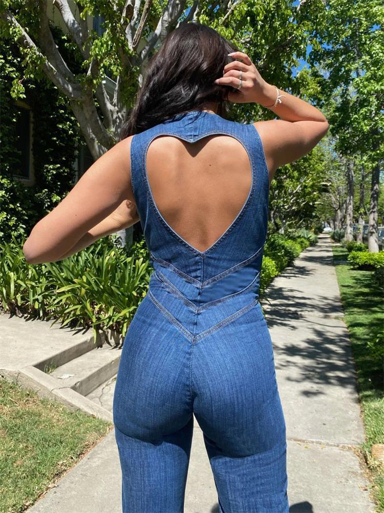 Women's Jumpsuits Rompers Blue Backless Heart Cutout Bodycon Jumpsuit For Women Summer Sleeveless Slim Outfits Retro Denim Jumpsuits 230503