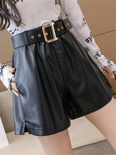 Women's Shorts REALEFT Winter PU Leather Women's Shorts With Belted Stylish OL High Waist Pockets Casual Wide Legged Trousers Female 230504