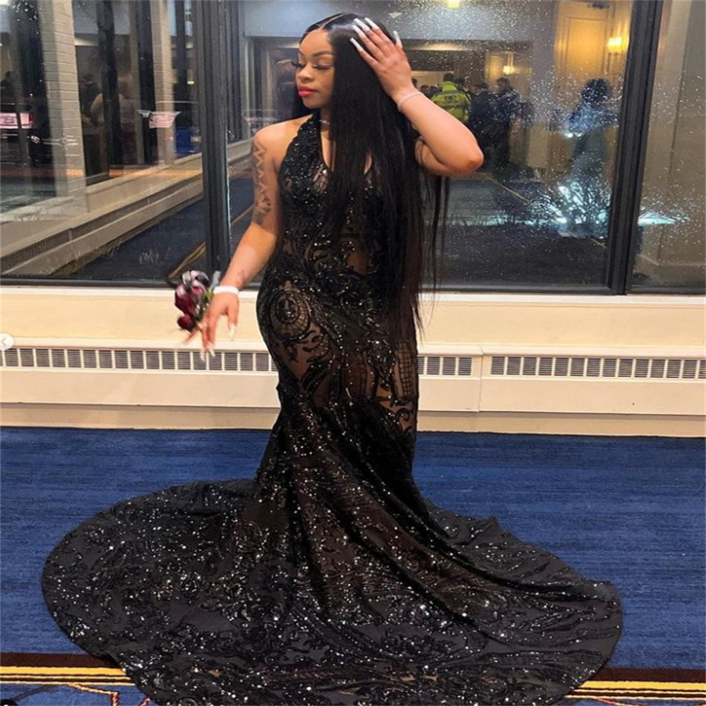 Sparkle Sequin Black Evening Dress Sexy V Neck Plus Size Black Girls Prom Gowns 2023 Elegant Formal Birthday Women Party Wear Vestidos De Fiesta Noche