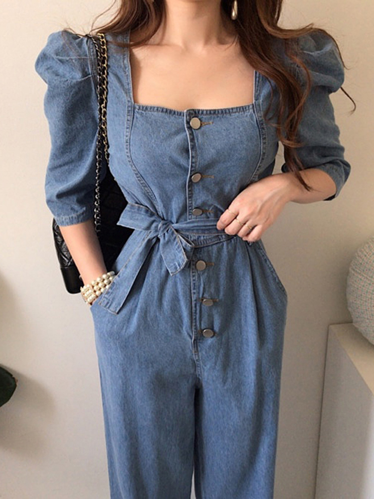 Women's Jumpsuits Rompers EWQ Korean Chic Square Neck Metal Button Lace Up Double Pockets Puff Sleeve Denim Jumpsuit Women Playsuit Spring 16T447