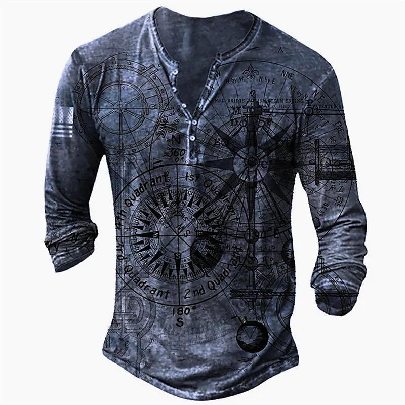 Men s T Shirts Vintage Print Cotton T Long Sleeve V Neck Top Graphic Fall Casual Oversized Clothes Button Boat Anchor T 230503