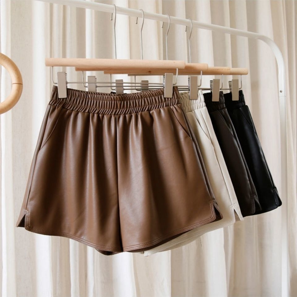 Women's Shorts pu leather shorts women's spring and autumn models elastic high waist loose wide leg pants black all-match P6 1246 230504