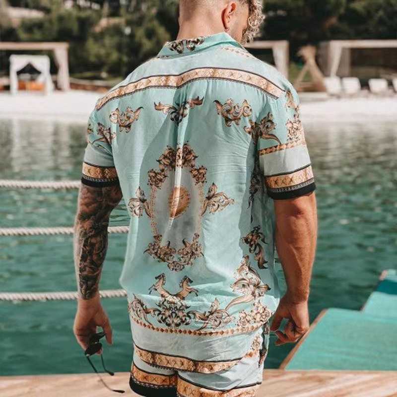 Men's Casual Shirts New men's printed Haiian Suit 2023 Summer Short sleeve button up shirt Beach Shorts Street Casual men's suit 2pcs J