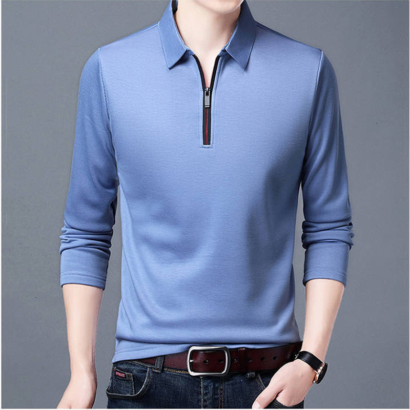 Mens Polos Solid Polo Shirt Lapel Longsleeved Zipper Collar Fashion Spring and Autumn Thin Casual Loose Tops 230504