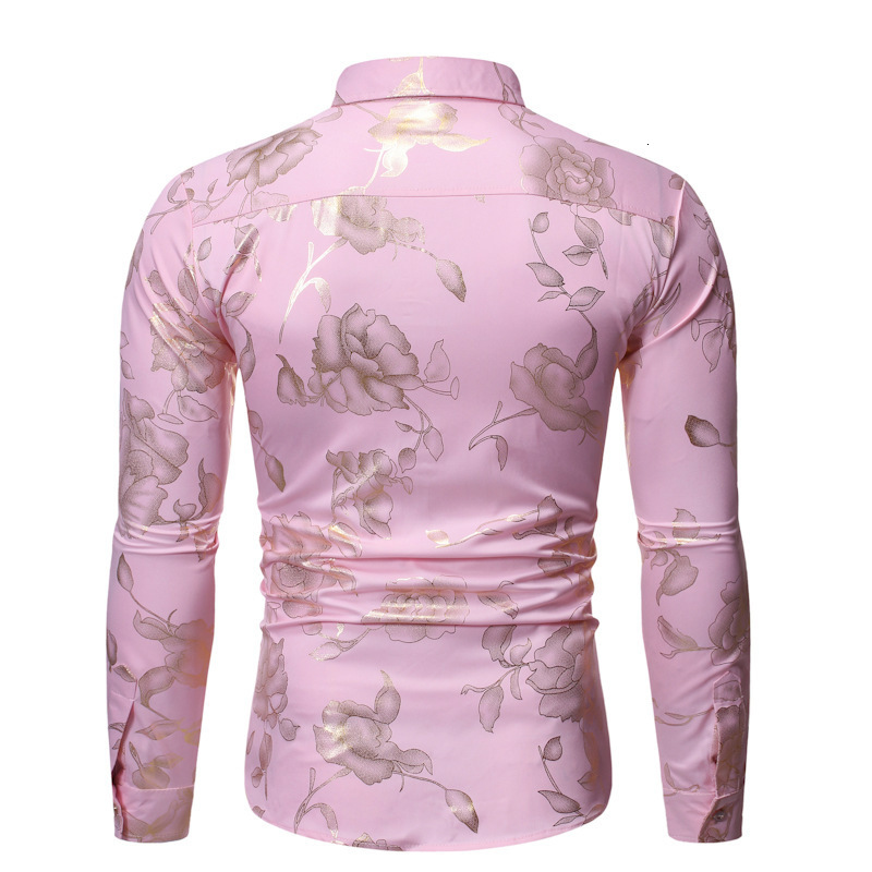 Men's Casual Shirts Pink Bronzing Floral Shirt Men Camisa Masculina Fashion Slim Fit Long Sleeve Mens Dress Shirts Business Casual Men Shirt 2305