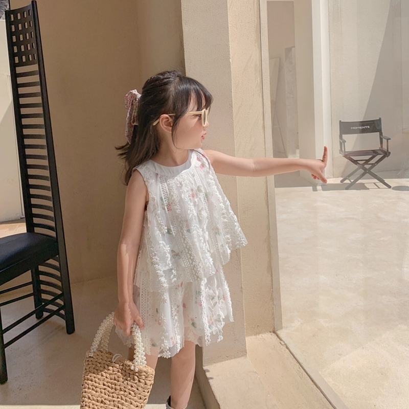 Clothing Sets Summer Children Girls Flower Lace Embroidery Top Shorts Toddler Baby Clothes Suit Fashion Kids Outfit 230504
