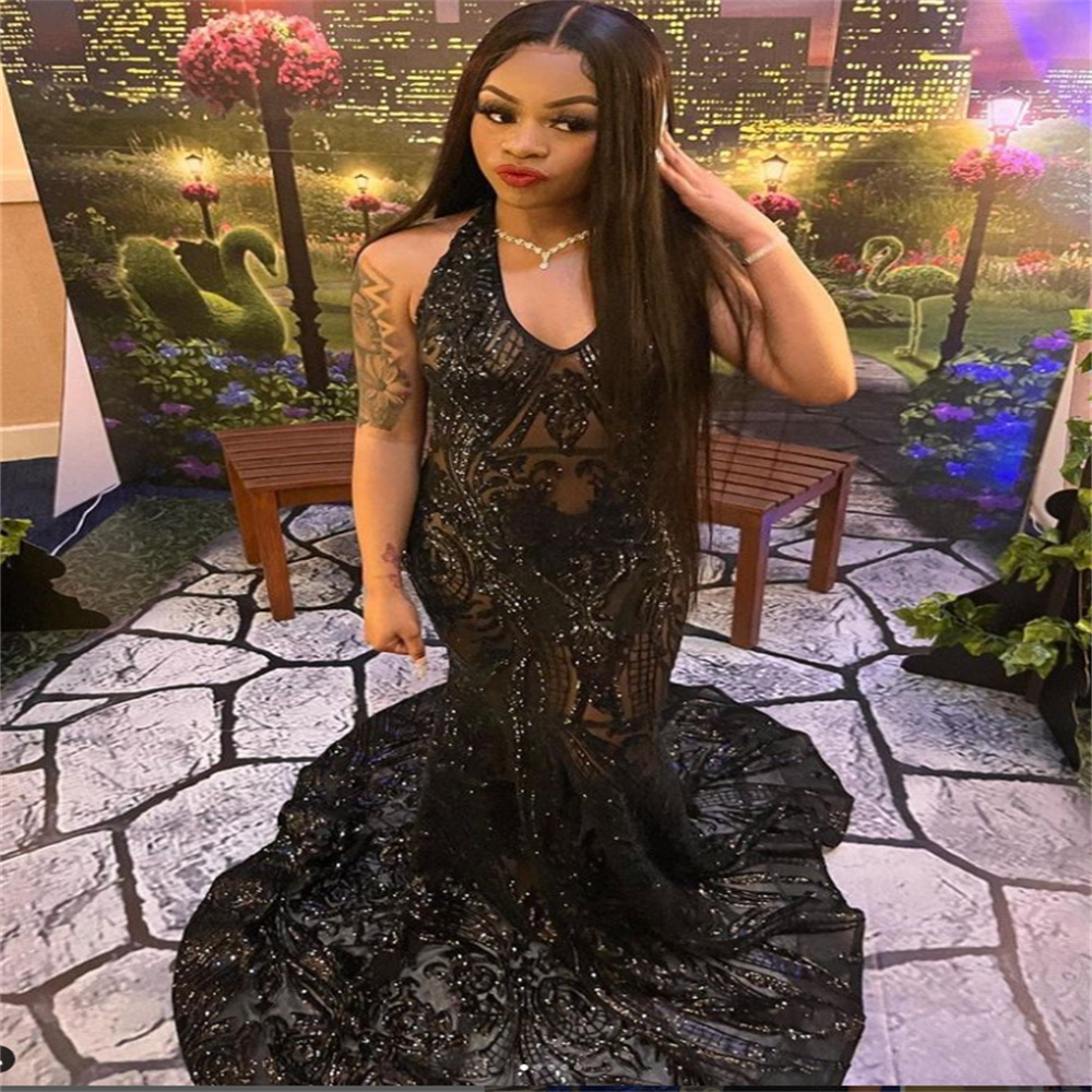 Sparkle Sequin Black Evening Dress Sexy V Neck Plus Size Black Girls Prom Gowns 2023 Elegant Formal Birthday Women Party Wear Vestidos De Fiesta Noche