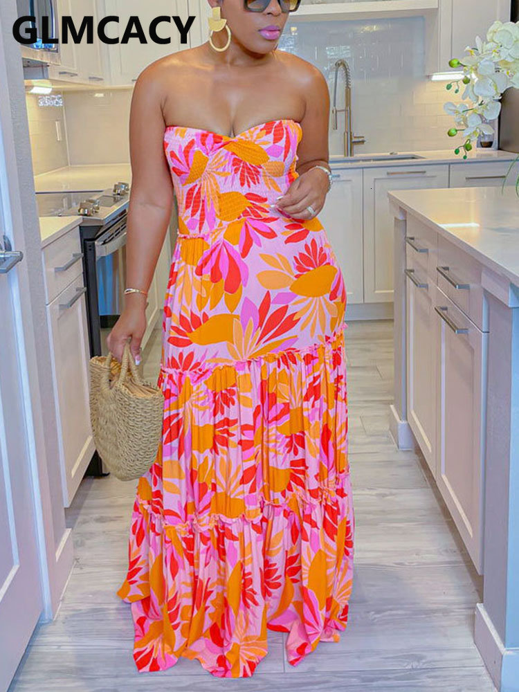 Casual Dresses Women Tropical Printed Bandeau Frilled Tube Dress 230504