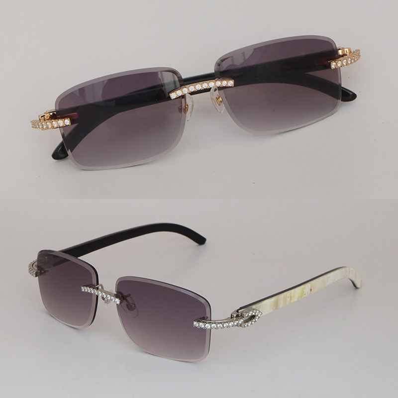 Luxury Glasses Handmade Setting Moissanite Diamond Set Rimles Sunglasses For Men Women Original White Inside Black BuffaloHorn Rimles Diamond cut Sun Glasses